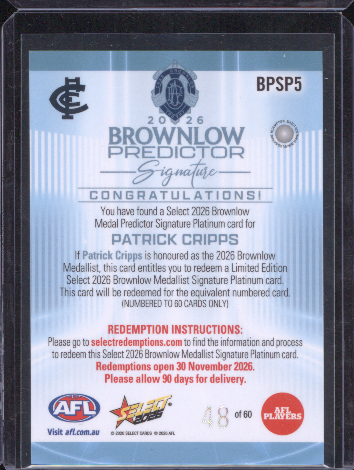 Patrick Cripps 2026 AFL Select Footy Stars Hobby Brownlow Predictor Platinum Signature BPSP5 Carlton 48/60