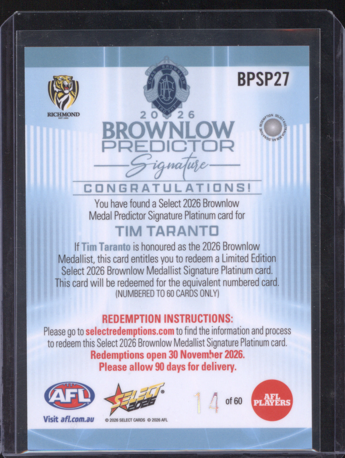Jumper Number Tim Taranto 2026 AFL Select Footy Stars Hobby Brownlow Predictor Platinum Signature BPSP27 Richmond 14/60
