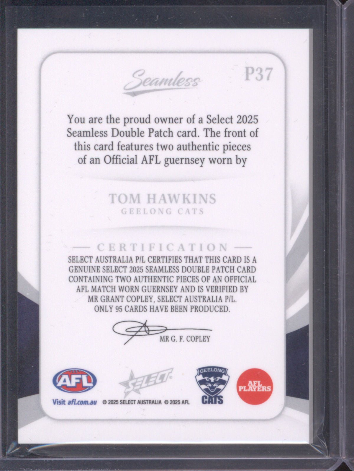 2025 AFL Select Seamless Solo Double Patch Tom Hawkins Geelong Cats 20/95