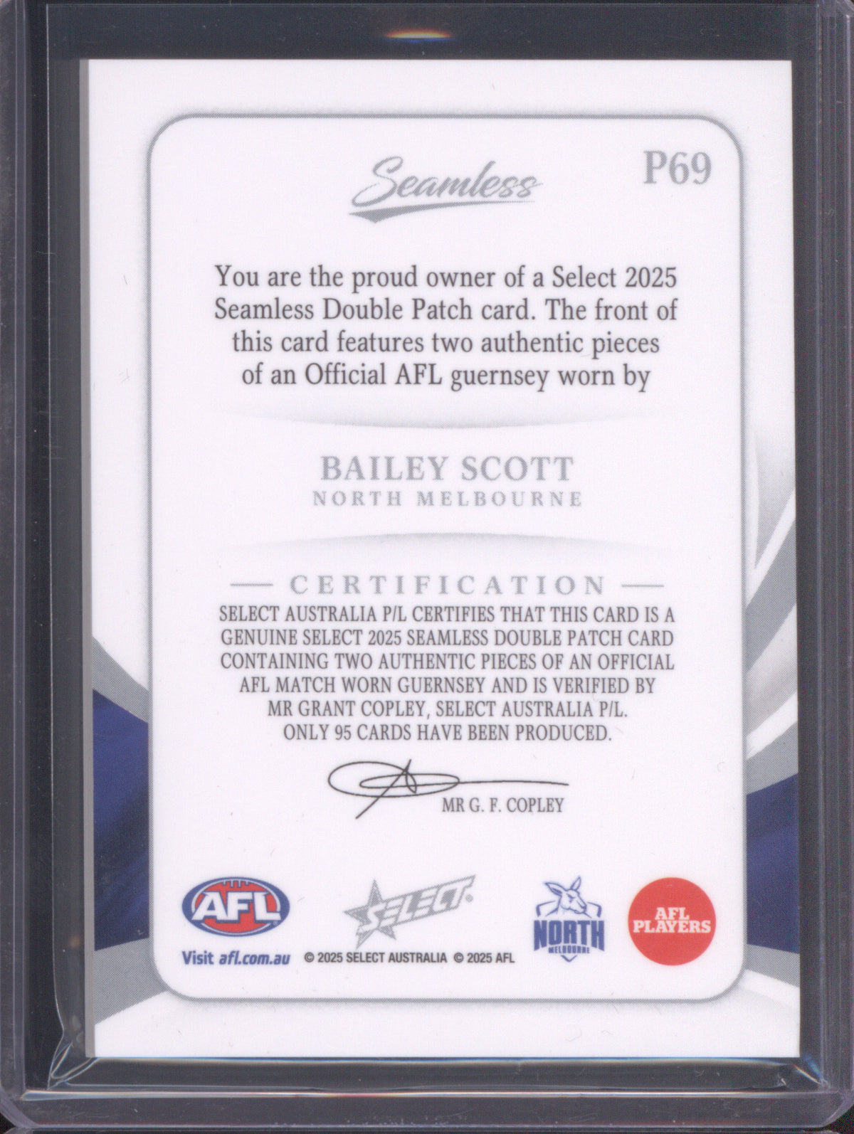 2025 AFL Select Seamless Solo Double Patch Bailey Scott North Melbourne 79/95