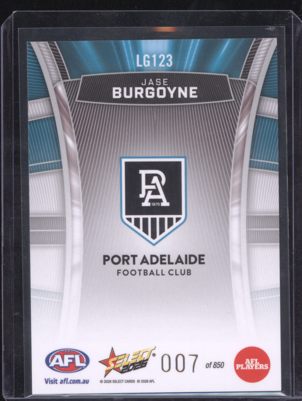 Jumper Number Jase Burgoyne 2026 AFL Select Footy Stars Hobby Luminous LG123 Port Adelaide 007/850