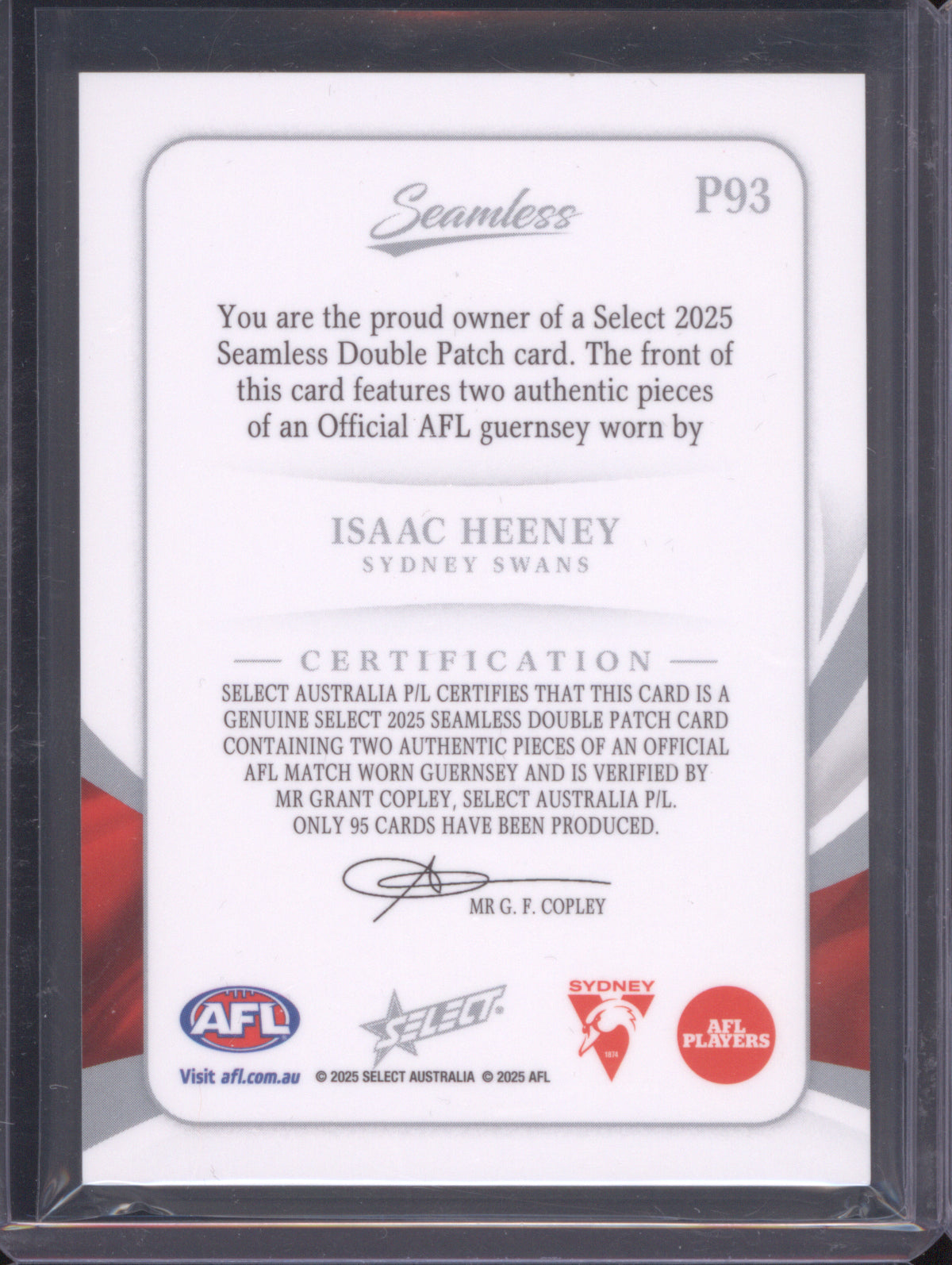 2025 AFL Select Seamless Solo Double Patch Isaac Heeney Sydney Swans 50/95