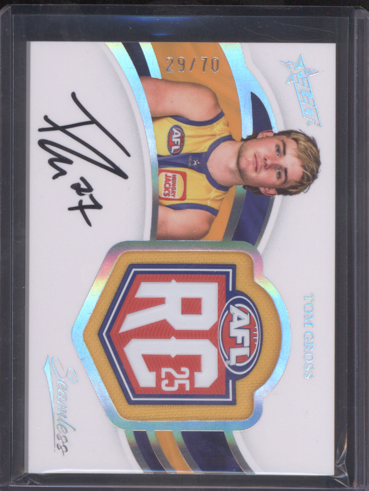2025 AFL Select Seamless Rookie Badge Signature Tom Gross West Coast RC 29/70