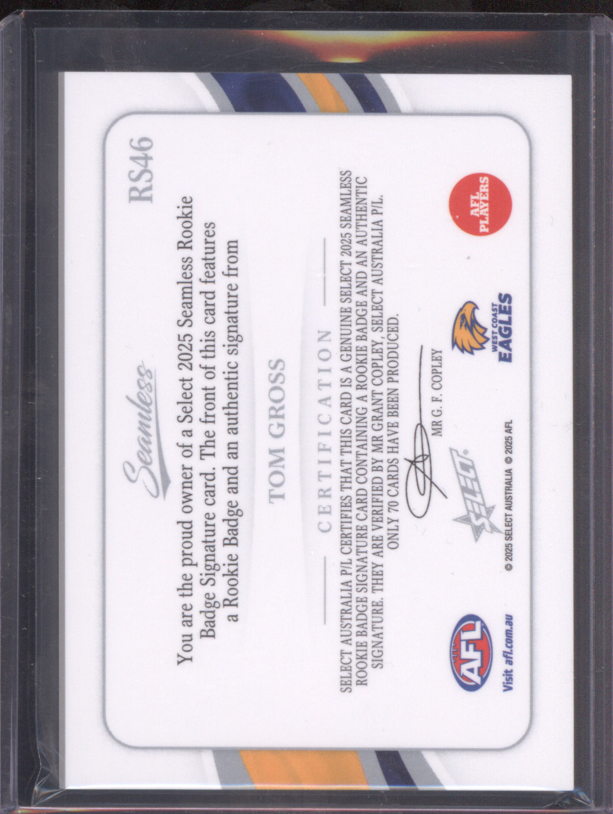 2025 AFL Select Seamless Rookie Badge Signature Tom Gross West Coast RC 29/70
