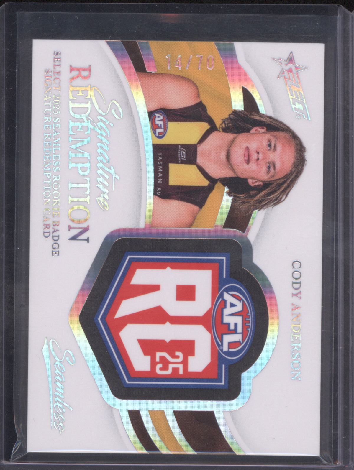 2025 AFL Select Seamless Rookie Badge Signature Cody Anderson Hawthorn 14/70