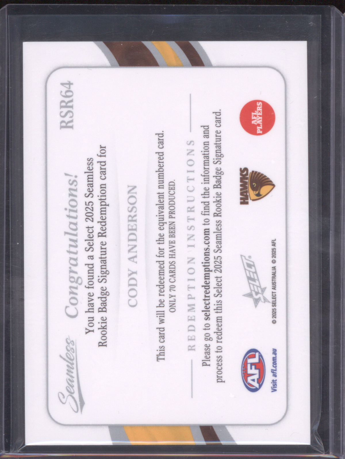 2025 AFL Select Seamless Rookie Badge Signature Cody Anderson Hawthorn 14/70