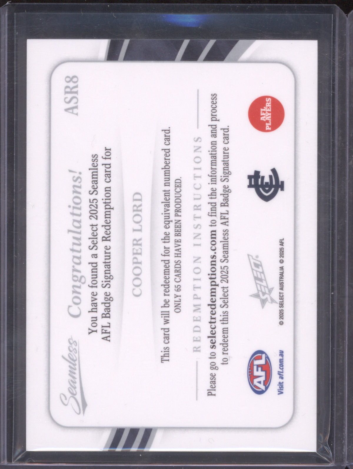 2025 AFL Select Seamless AFL Badge Signature Cooper Lord Carlton 28/65