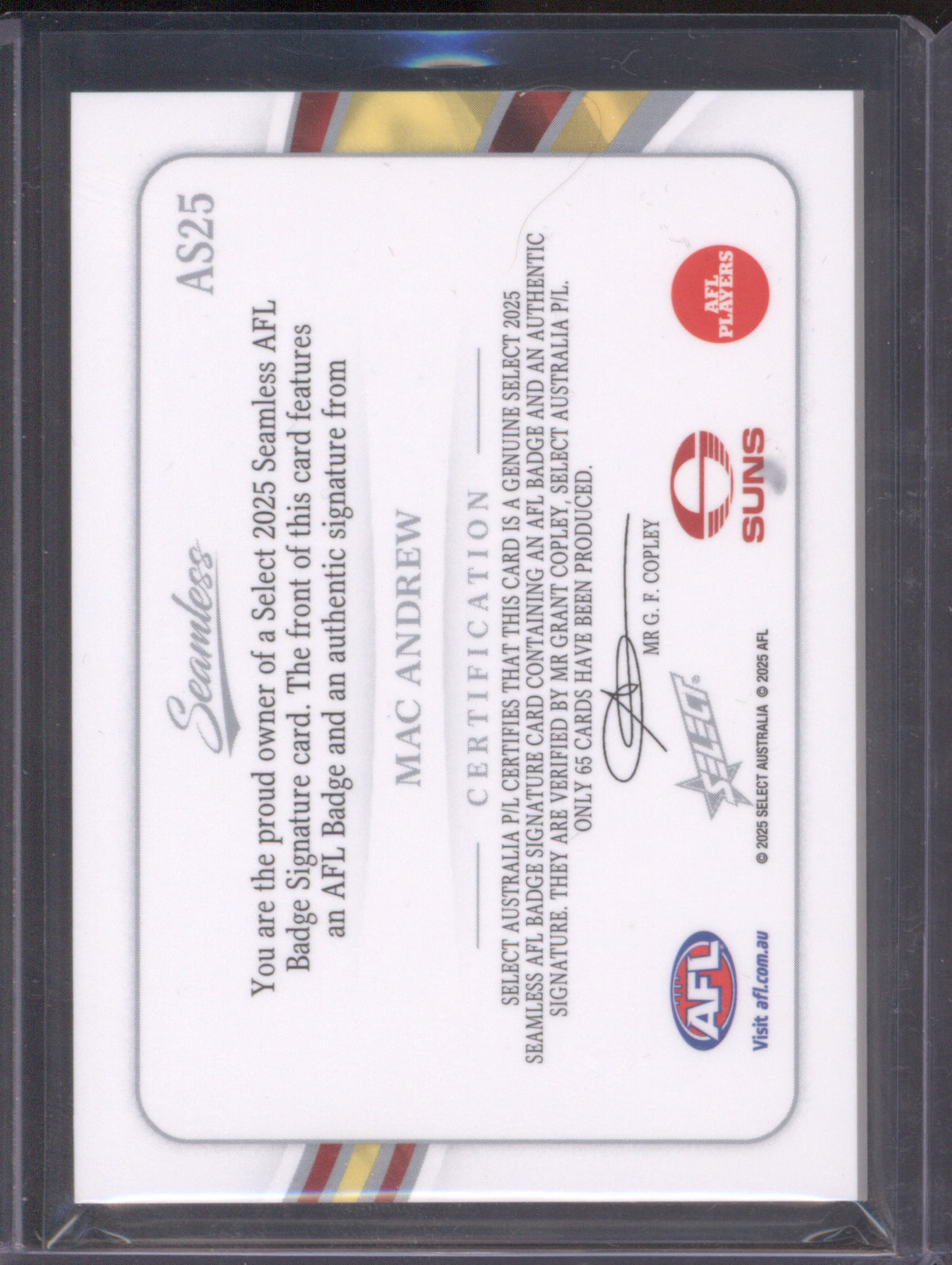 2025 AFL Select Seamless AFL Badge Signature Mac Andrew Gold Coast 27/65