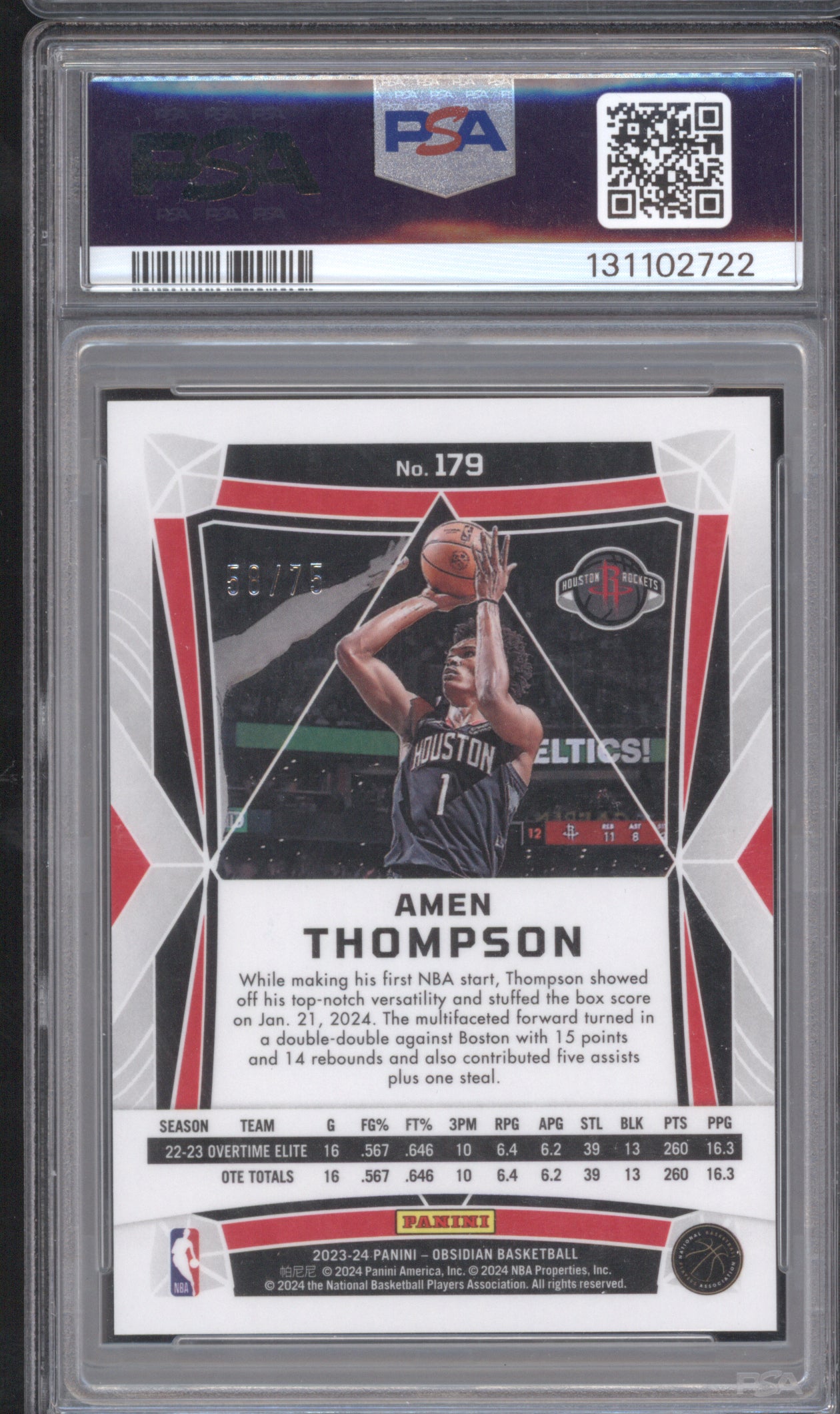 Amen Thompson 2023 Panini Obsidian #179 PSA 10 Electric Etch Reggae Flood