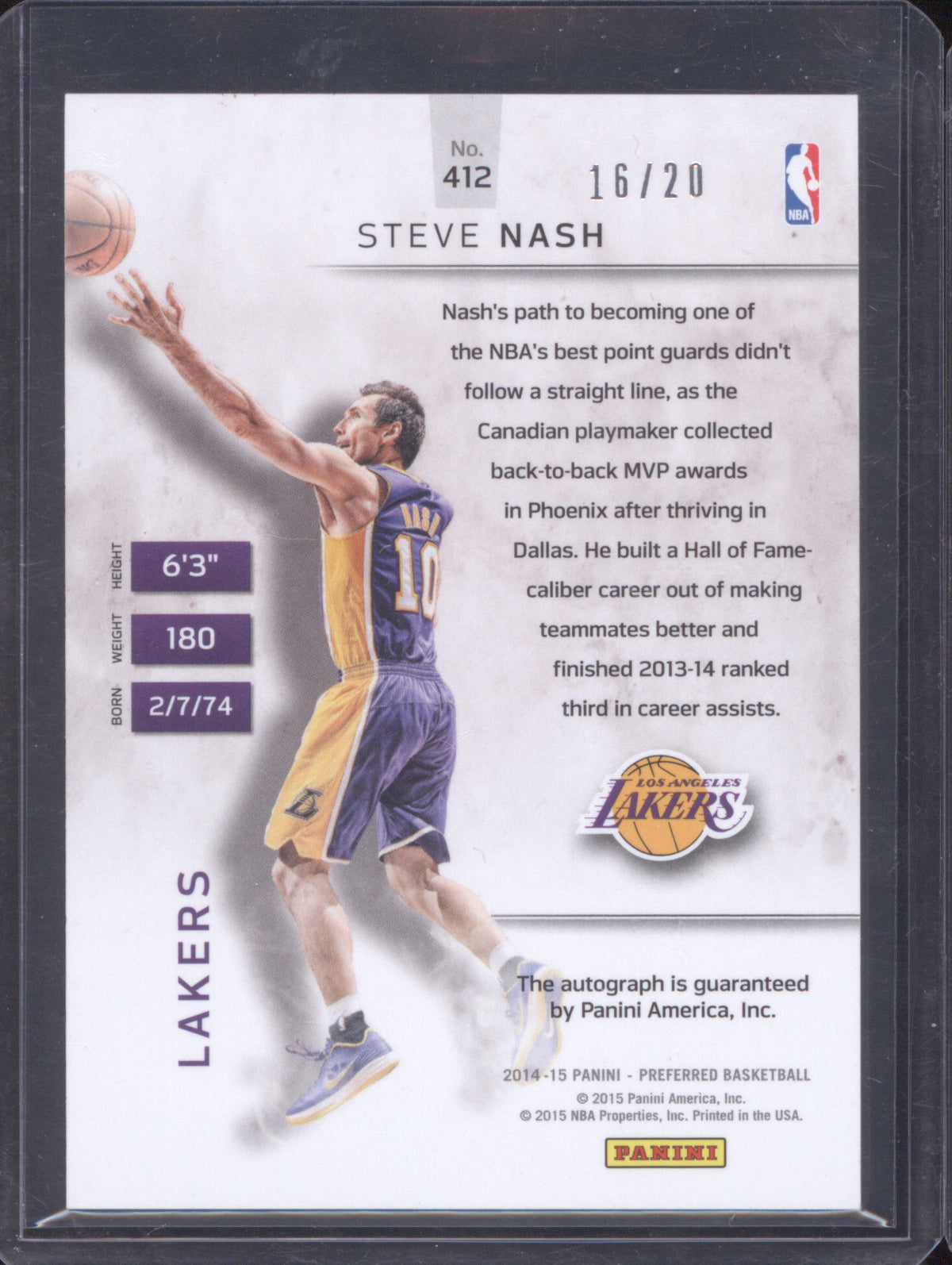 Steve Nash 2014-15 Panini Preferred Panini Signatures Purple Auto /20