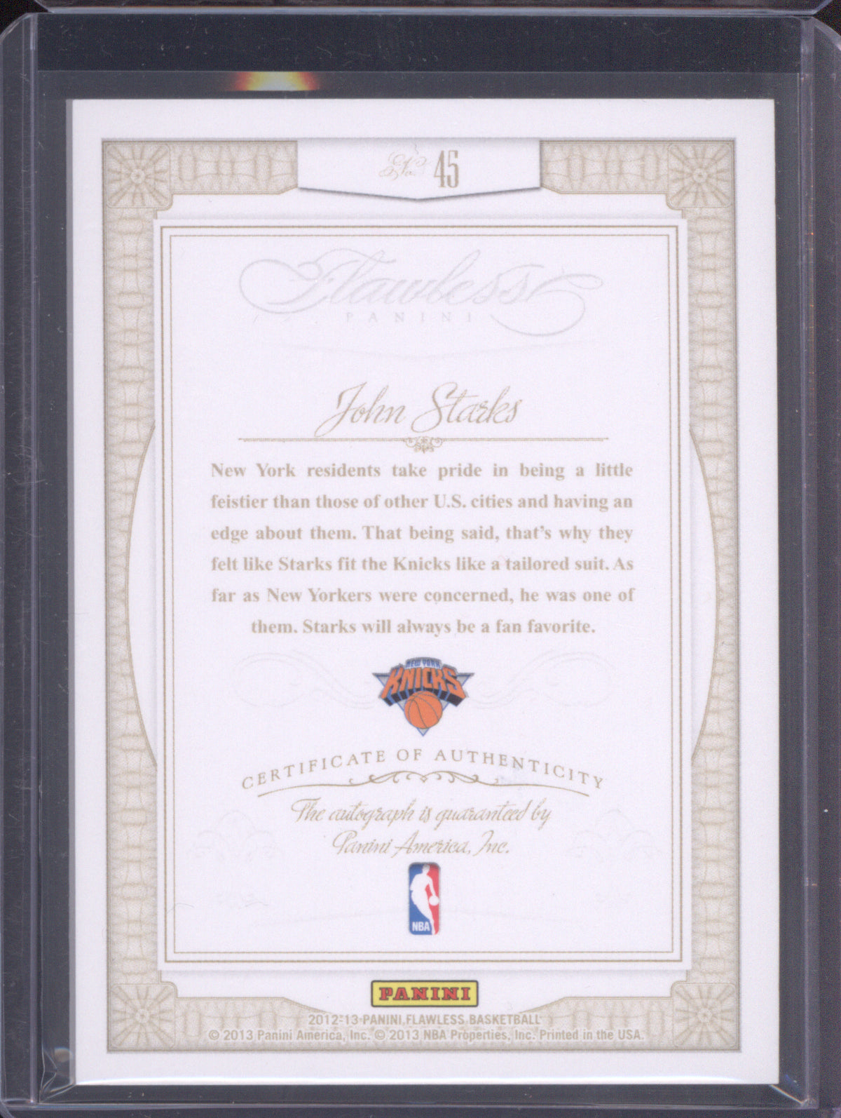 John Starks 2012-13 Panini Flawless Greats Auto /20