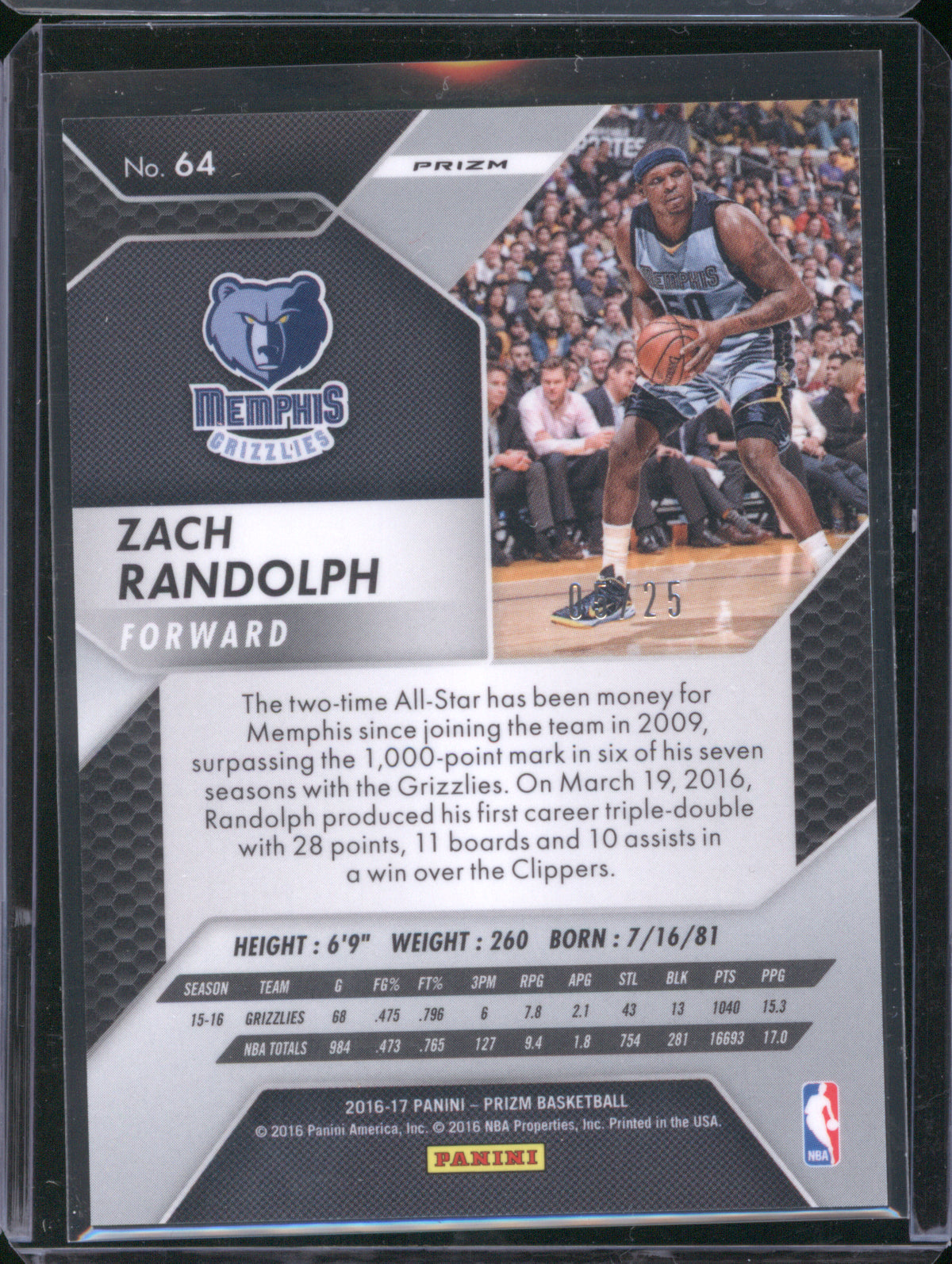 2016 Panini Prizm 64 Zach Randolph Mojo Prizm 05/25