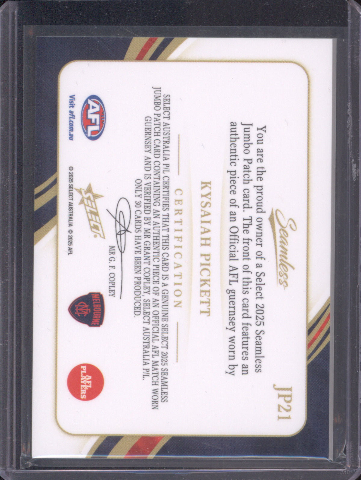 Kysaiah Pickett 2025 AFL Select Seamless Jumbo Patch Melbourne 19/30