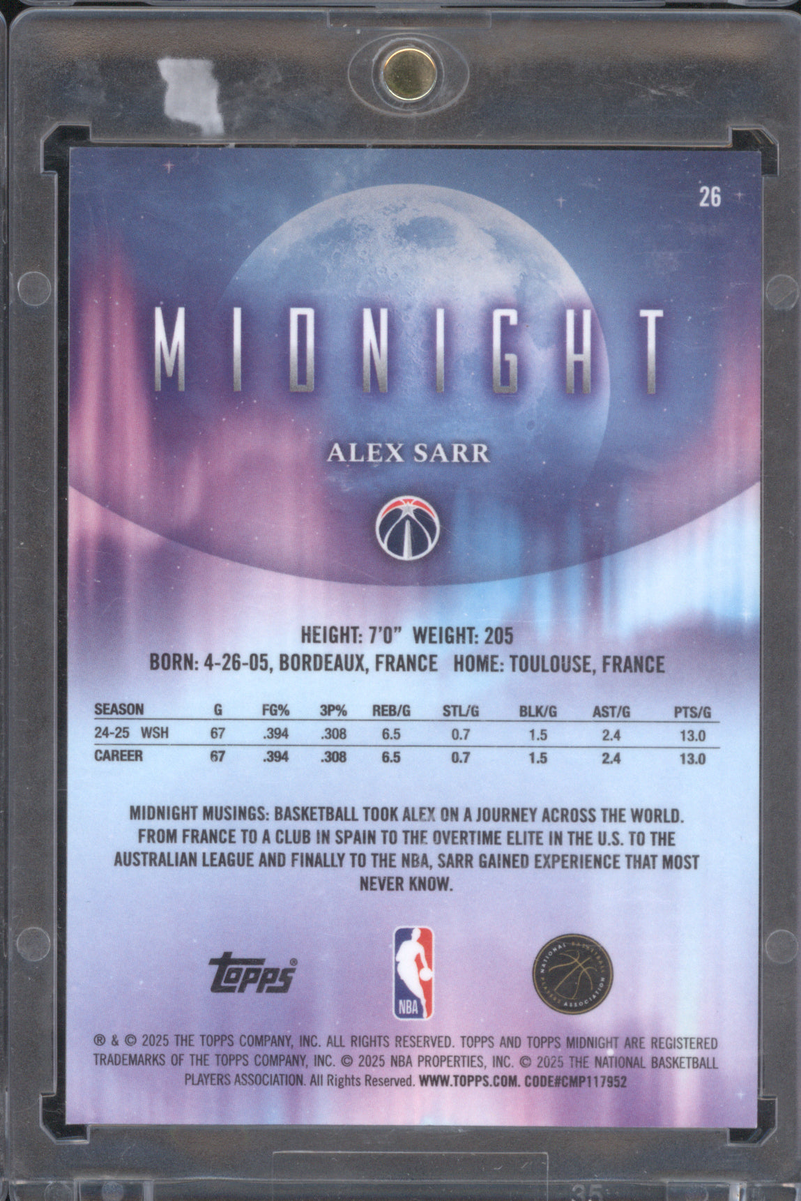 Alex Sarr 2025 Topps Midnight #26 Winter Solstice /35
