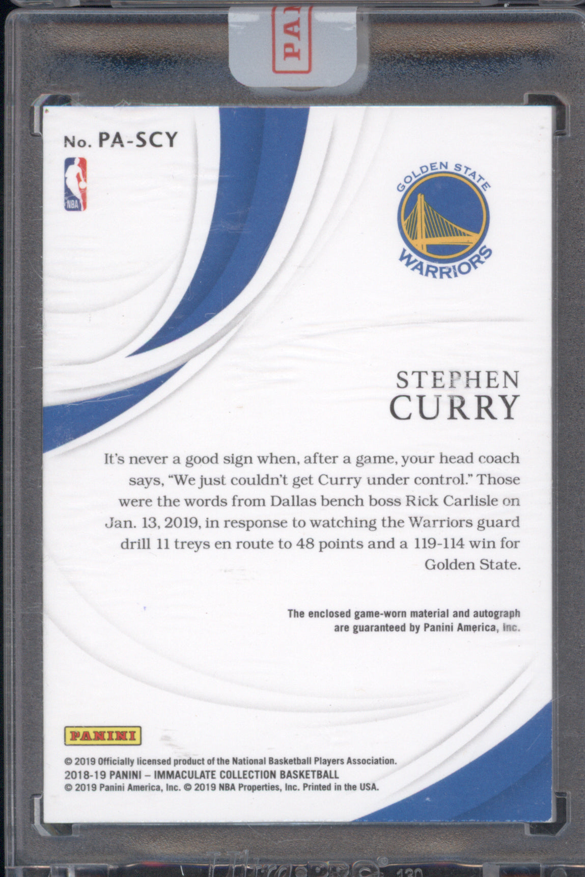 Stephen Curry 2018-19 Panini Immaculate Collection Patch Auto /30