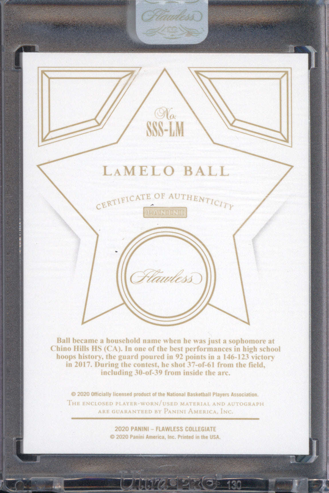 LaMelo Ball 2020 Panini Flawless Collegiate SSS-LM Star Swatch Signatures /20