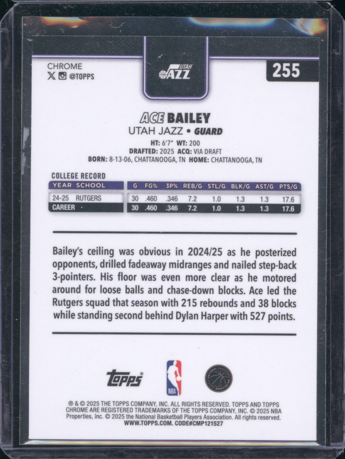 Ace Bailey 2025 Topps Chrome #255 Blue Wave 070/150