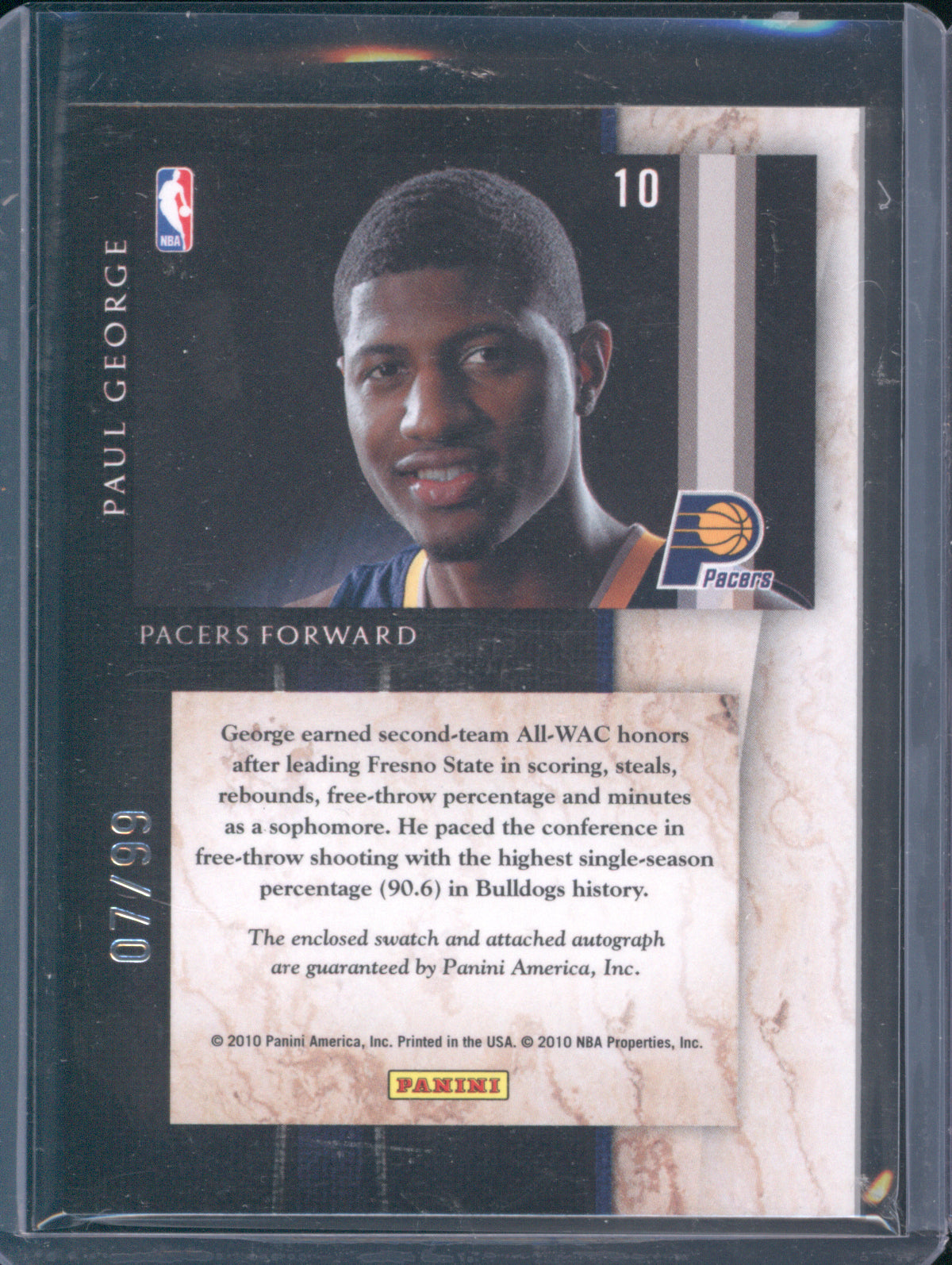 Paul George 2010 Panini Limited #99 Freshmen Patch Auto 07/99 RC