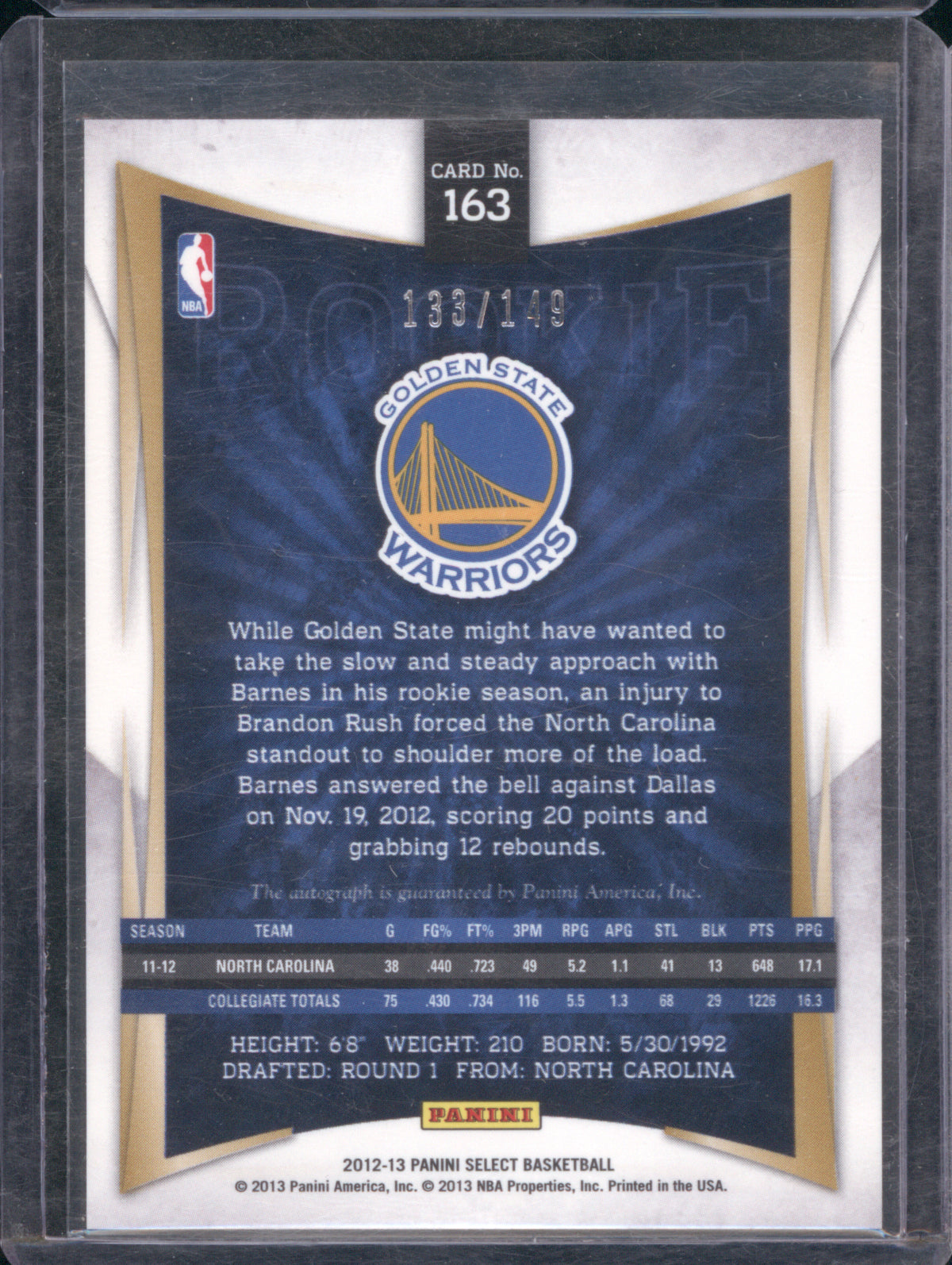 Harrison Barnes 2012 Panini Select Auto 133/149 RC