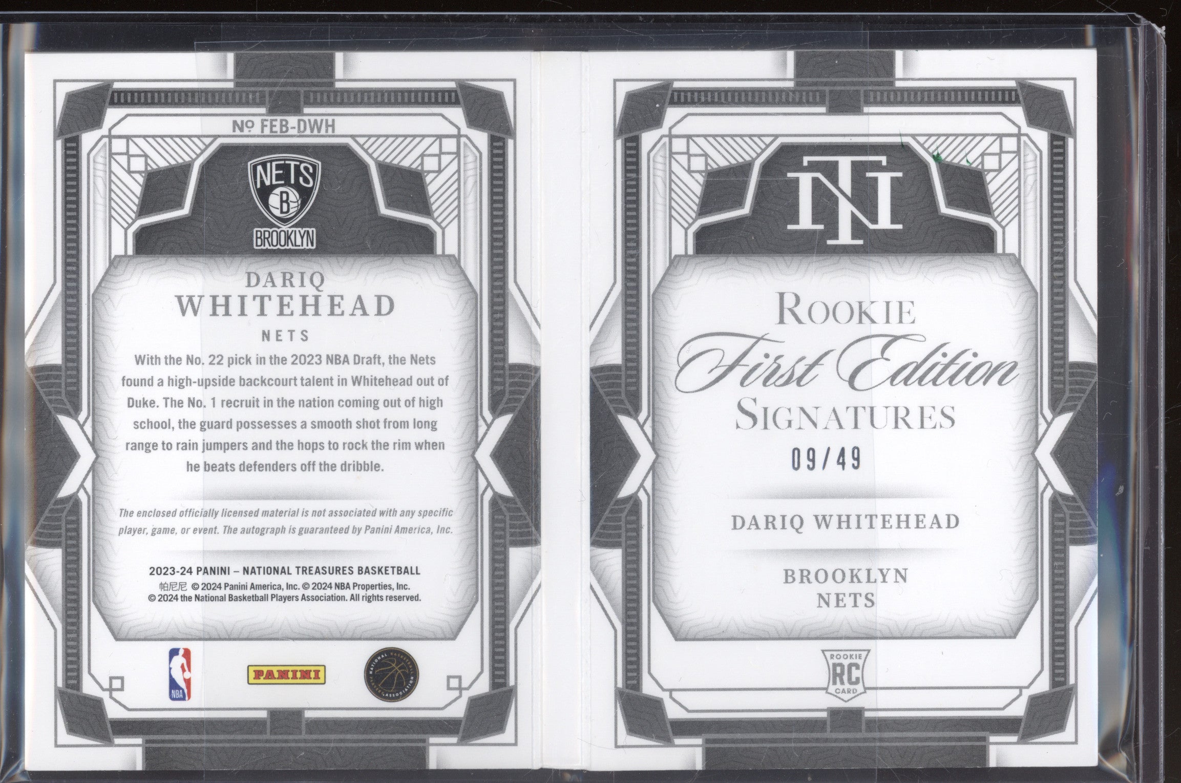 2023 Panini National Treasures Dariq Whitehead Rookie First Edition Signatures
