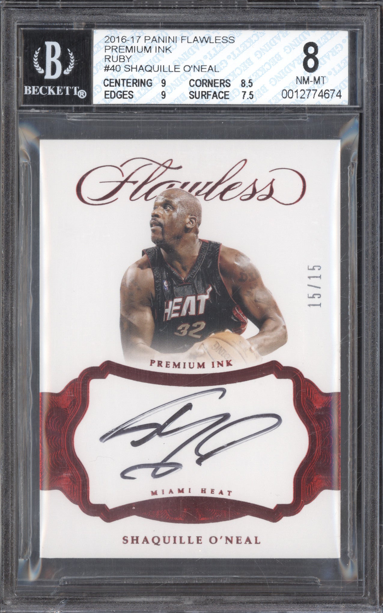 2016 Panini Flawless PI-SQ Shaquille O'Neal Premium Ink Ruby Auto /15 BGS 8