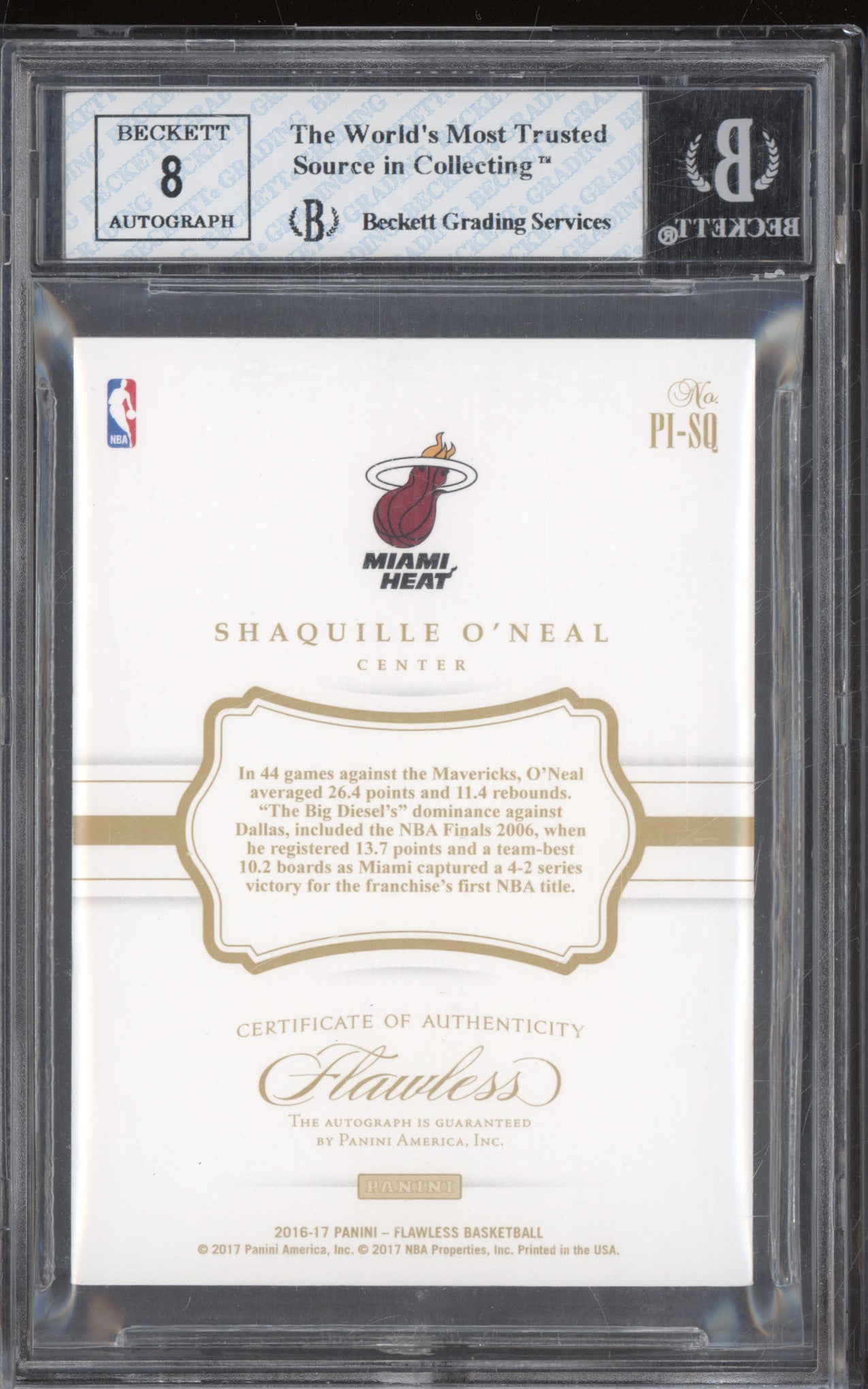 2016 Panini Flawless PI-SQ Shaquille O'Neal Premium Ink Ruby Auto /15 BGS 8