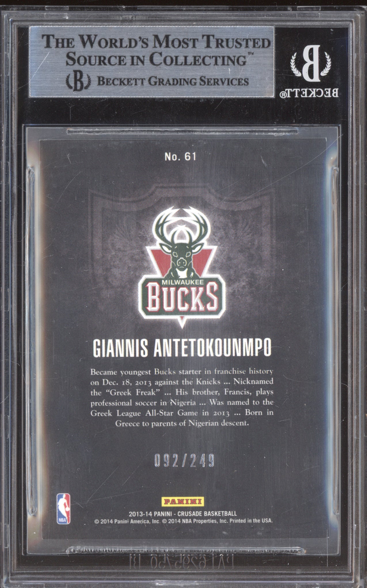 2013-14 Giannis Antetokounmpo Panini Crusade Teal /249 BGS 9