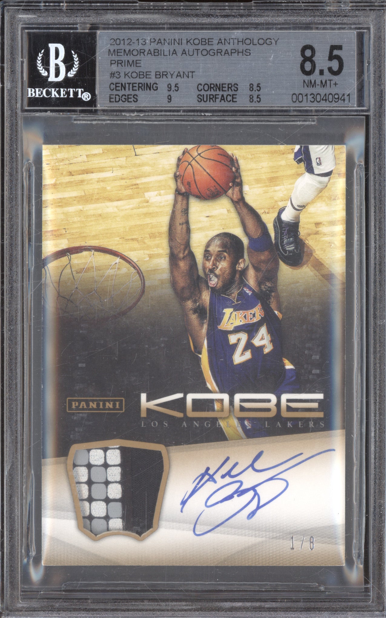 2012 Kobe Bryant Panini Anthology Memorabilia Auto Prime /8 BGS 8.5 Auto 10