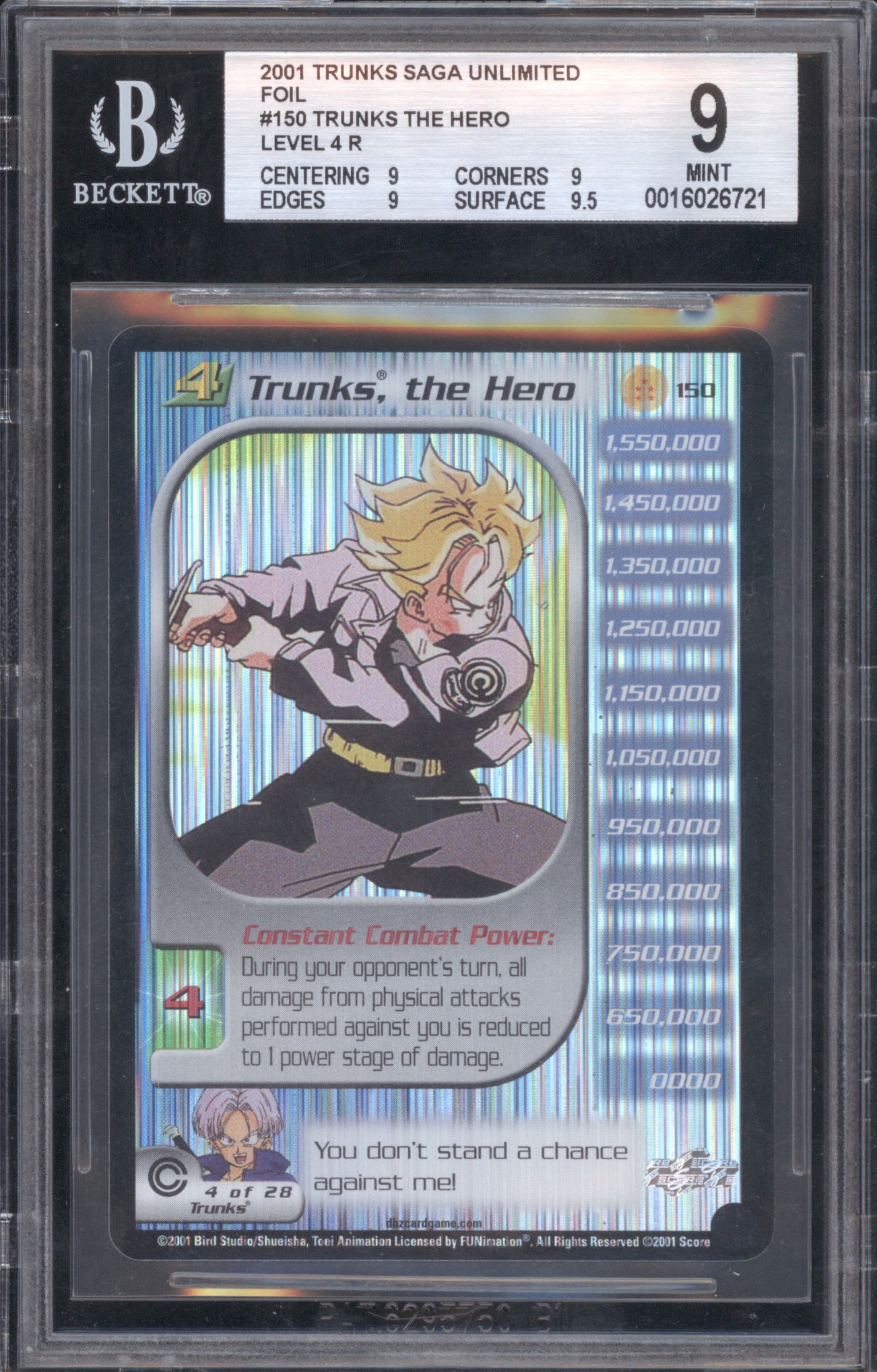 Trunks, the Hero 2001 Dragonball Z Saga Unlimited 150 Level 4 R Foil BGS 9 ASR
