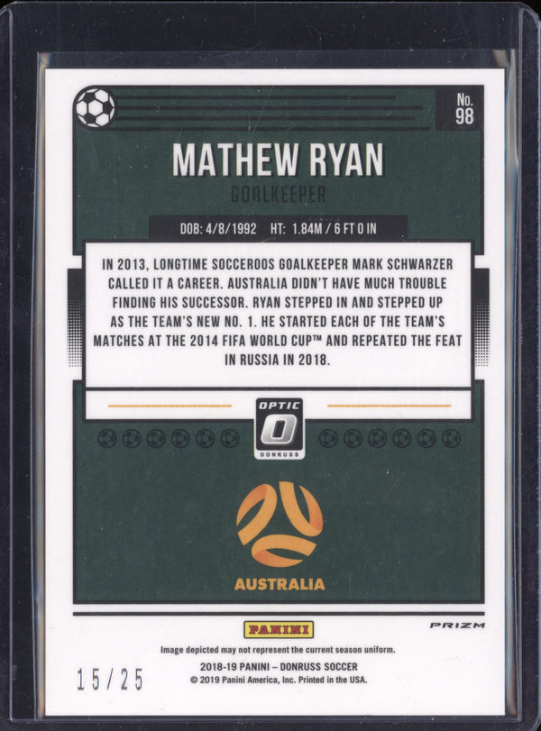 Mathew Ryan 2018-19 Panini Donruss 98 Optic Black Velocity 15/25