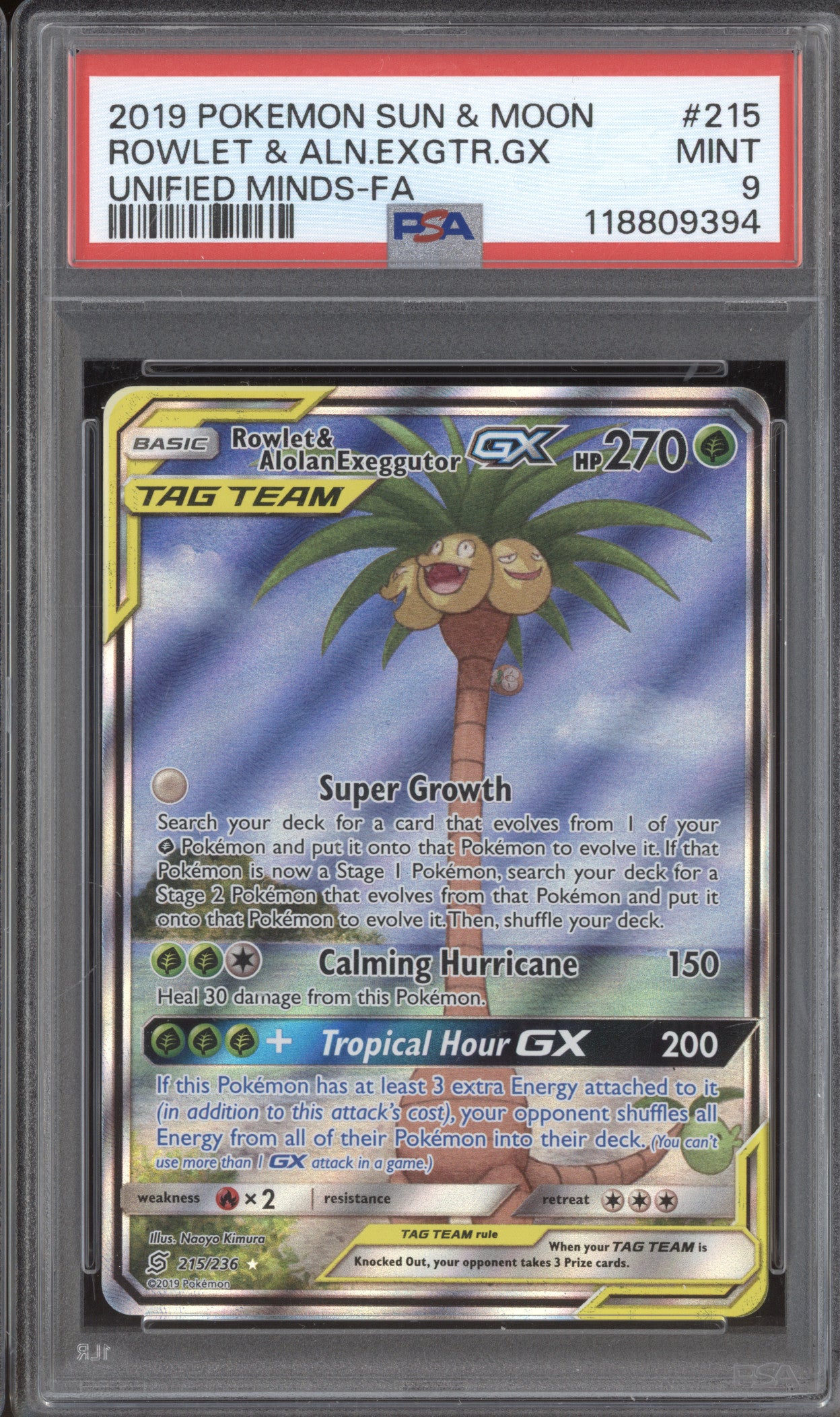 Rowlet & Alolan Exeggutor GX 2019 Pokemon Unified Minds 215/236 Full Art PSA 9