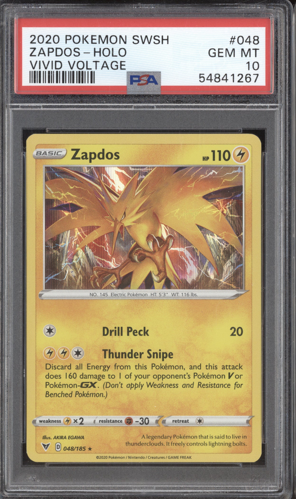 Zapdos 2020 Pokemon Vivid Voltage 048/185 Holo PSA 10