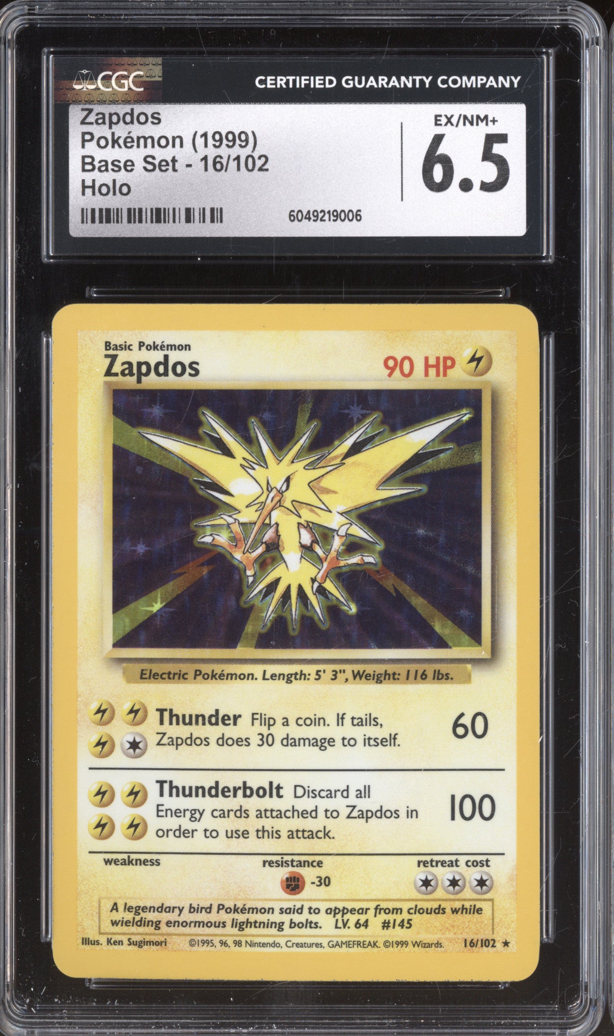 Zapdos 1999 Pokemon Base Set 16/102 Holo CGC 6.5