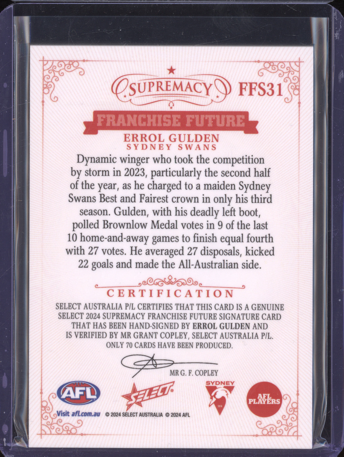 Errol Gulden 2024 Select Supremacy FFS31 Franchise Future Signature 20/70