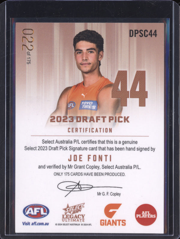 Joe Fonti 2024 Select Legacy Ultimate DPSC44 Draft Pick Sig Copper RC 22/175