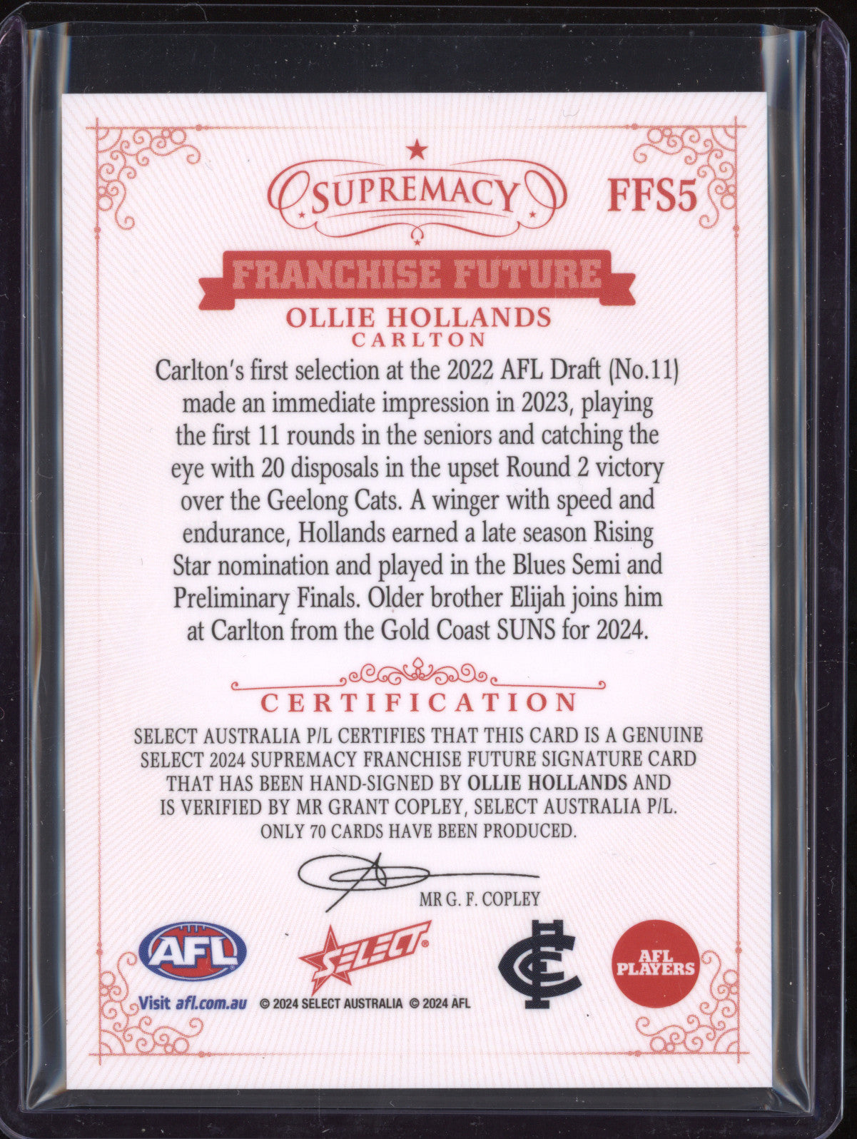 Ollie Hollands 2024 Select Supremacy FFS5 Franchise Future Signatures 14/70