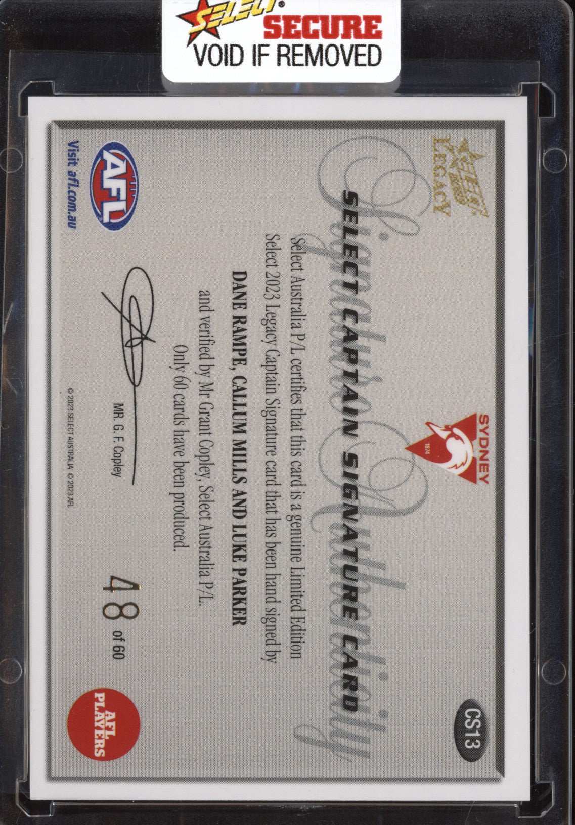 Rampe Mills Parker 2023 Select Legacy AFL Sydney Swans Captain Signature 48/60