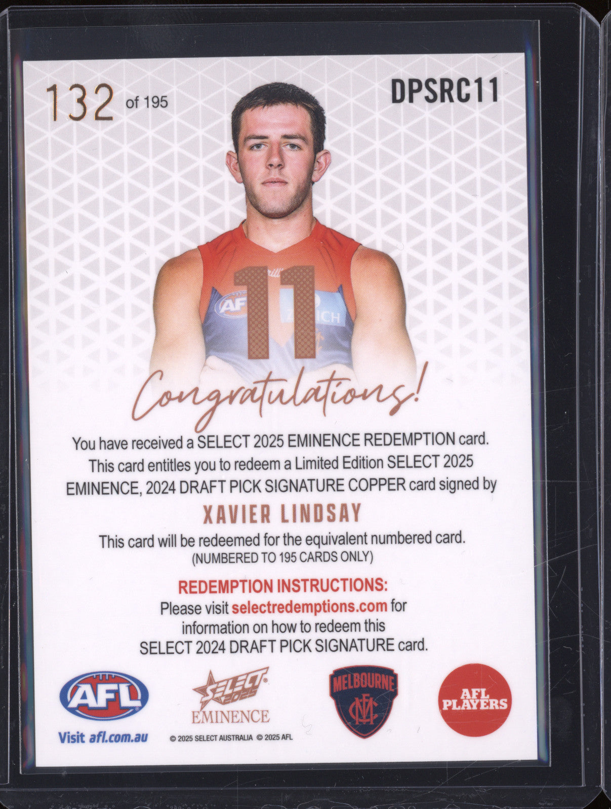 2025 AFL Select Eminence Draft Signature Copper DPSCR11 Xavier Lindsay Melbourne
