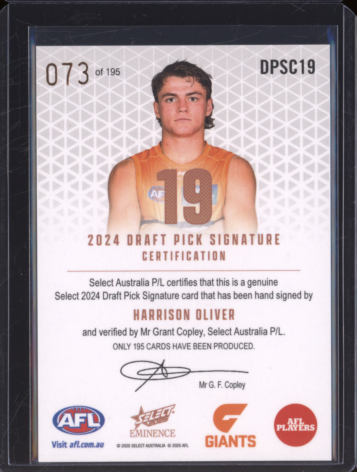 2025 AFL Select Eminence Draft Signature Copper DPSC19 Harrison Oliver GWS