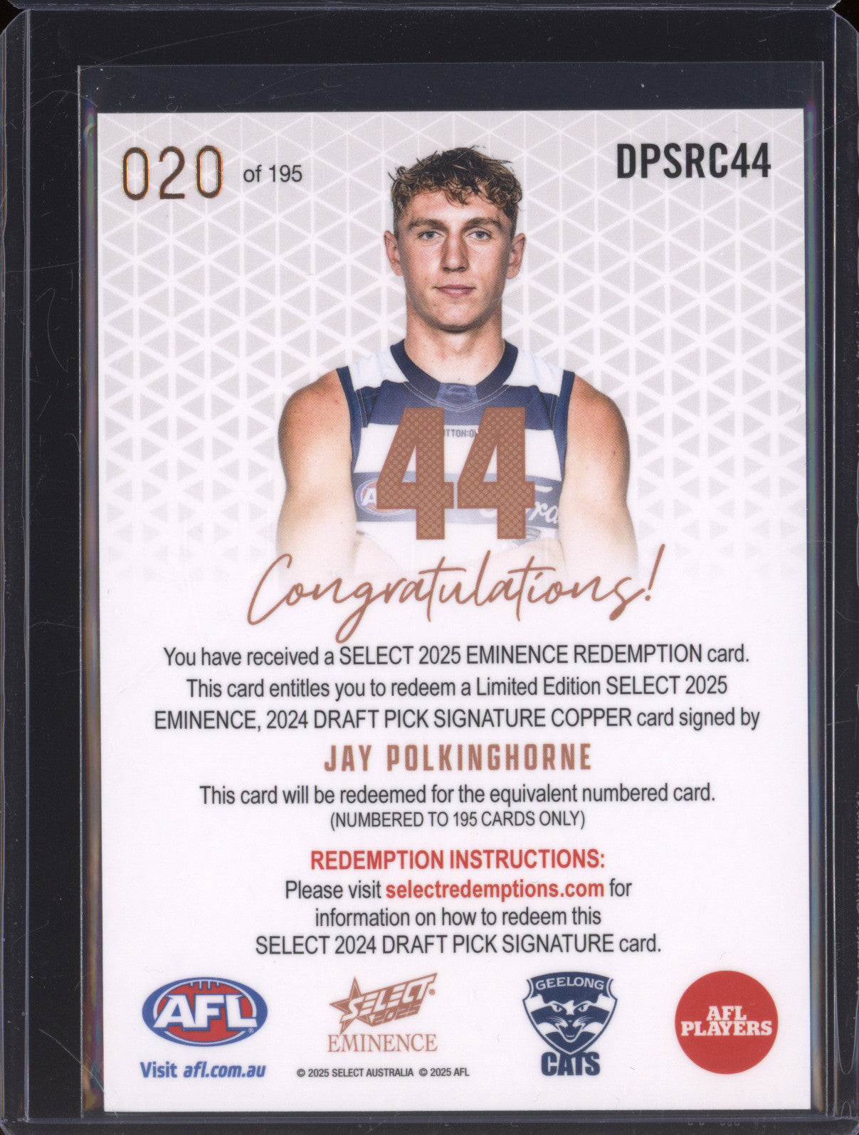 2025 AFL Select Eminence Draft Signature Copper DPSC44 Jay Polkinghorne Geelong