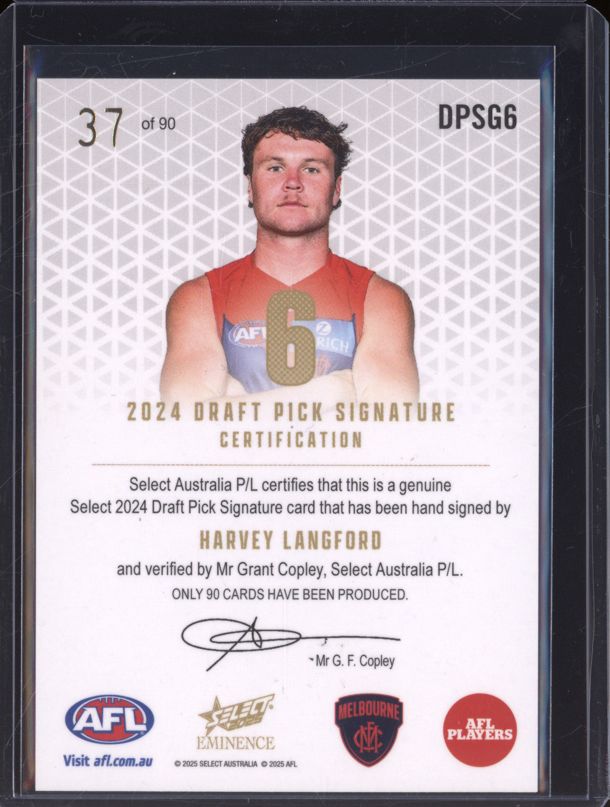 2025 AFL Select Eminence Draft Signature Gold DPSG6 Harvey Langford Melbourne