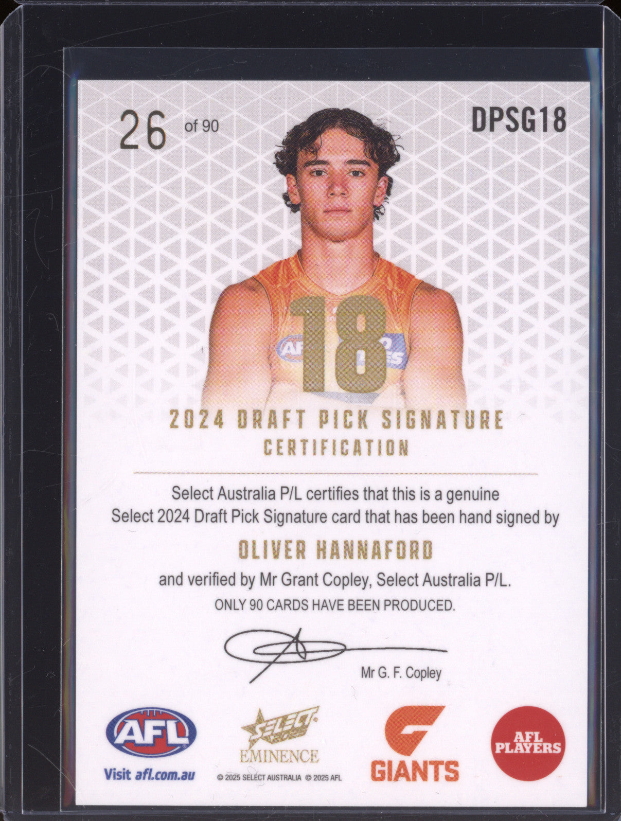 2025 AFL Select Eminence Draft Signature Gold DPSG18 Oliver Hannaford GWS