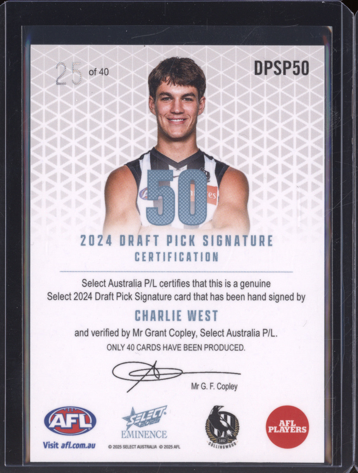 2025 AFL Select Eminence Draft Signature Platinum DPSP50 Charlie West