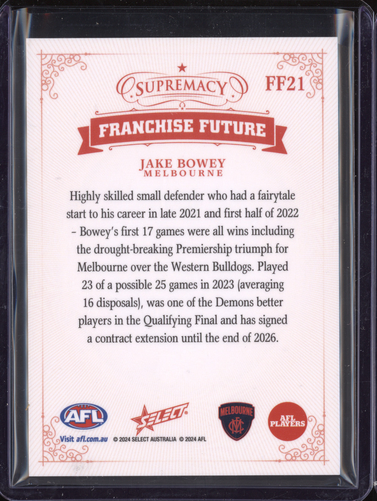 Jake Bowey 2024 Select Supremacy FF21 Franchise Future 65/70