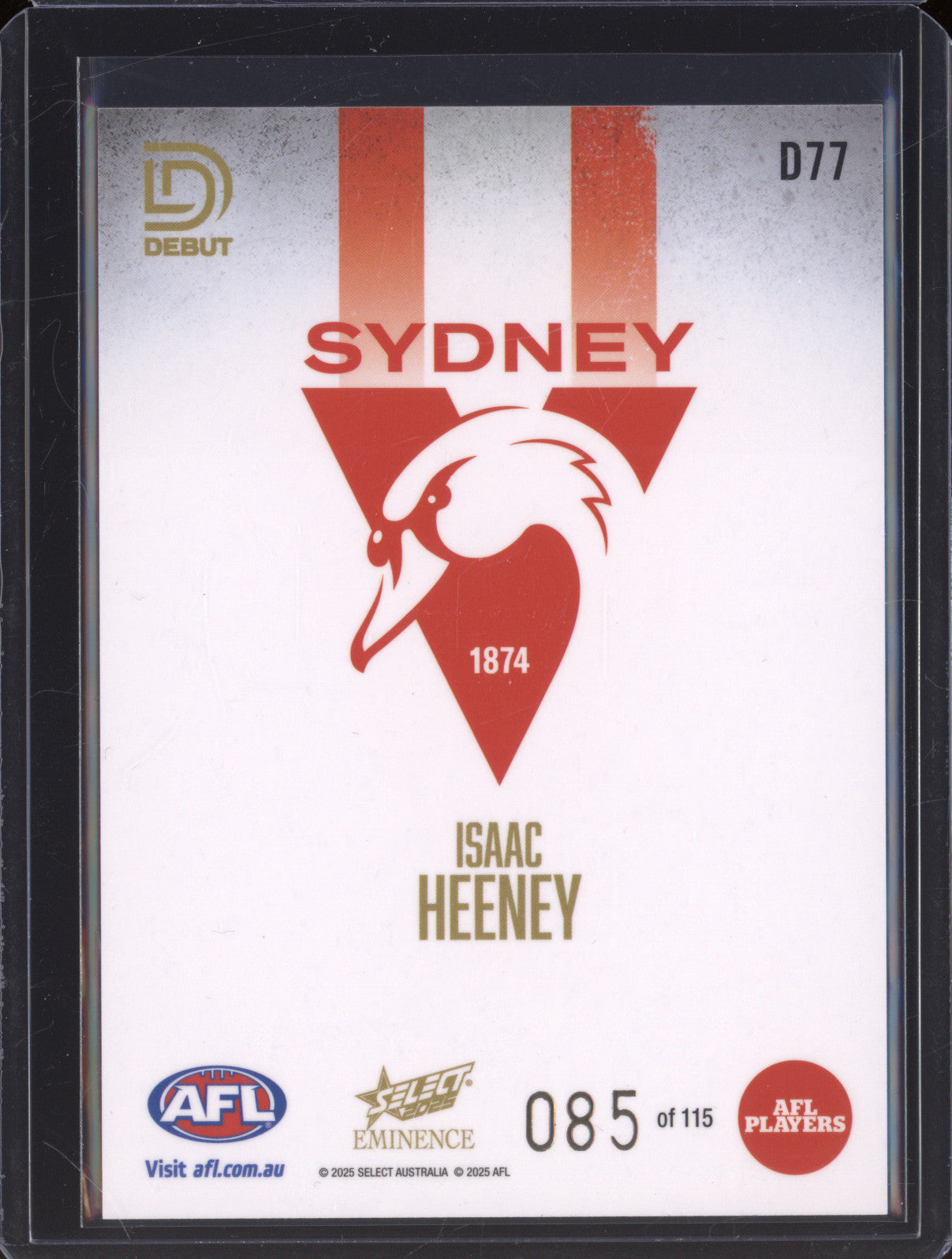 2025 AFL Select Eminence Debut D77 Isaac Heeney Sydney Swans