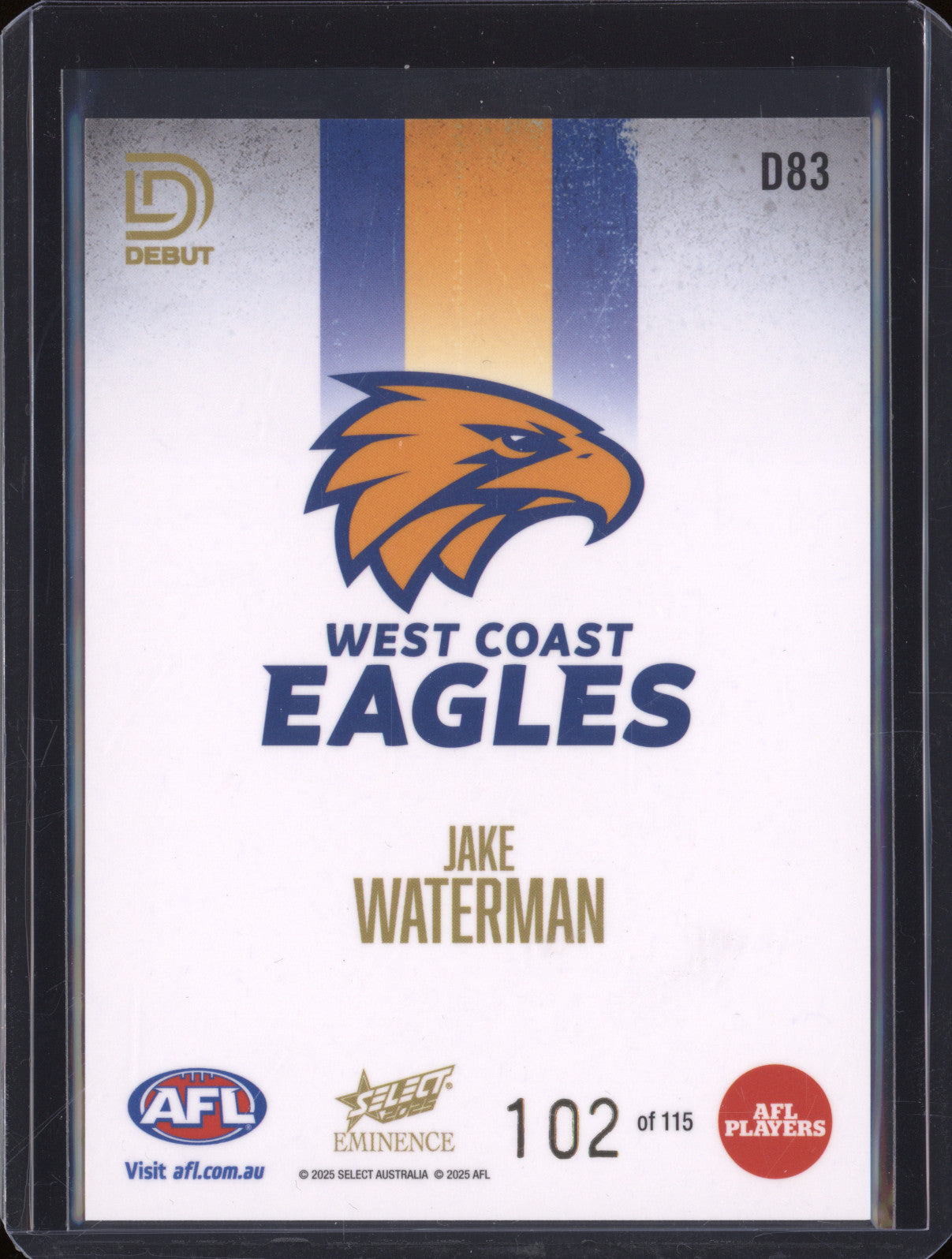 2025 AFL Select Eminence Debut D83 Jake Waterman West Coast