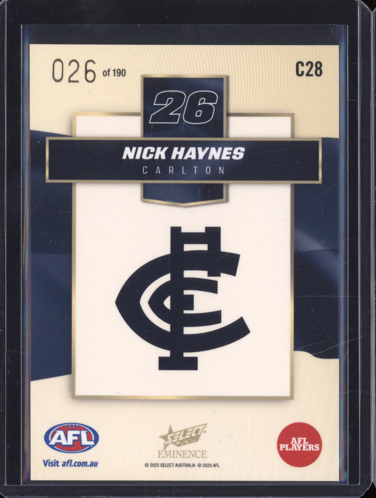 2025 AFL Select Eminence Colours C28 Nick Haynes 026/190 Carlton Jumper Number