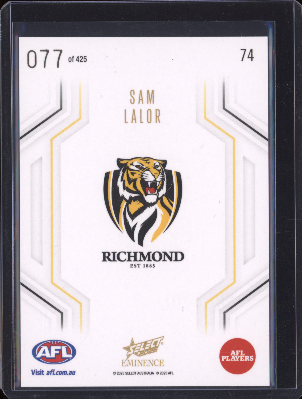 2025 AFL Select Eminence Base Numbered 74 Sam Lalor Rookie Richmond