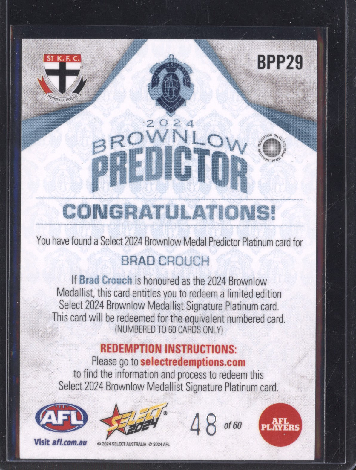 Brad Crouch 2024 Select Footy Stars BPP29 Platinum Brownlow Predictor 48/60