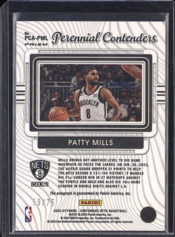 Patty Mills 2022-23 Panini Contenders Optic PCA-PML Perennial Contenders Autographs Blue 59/75